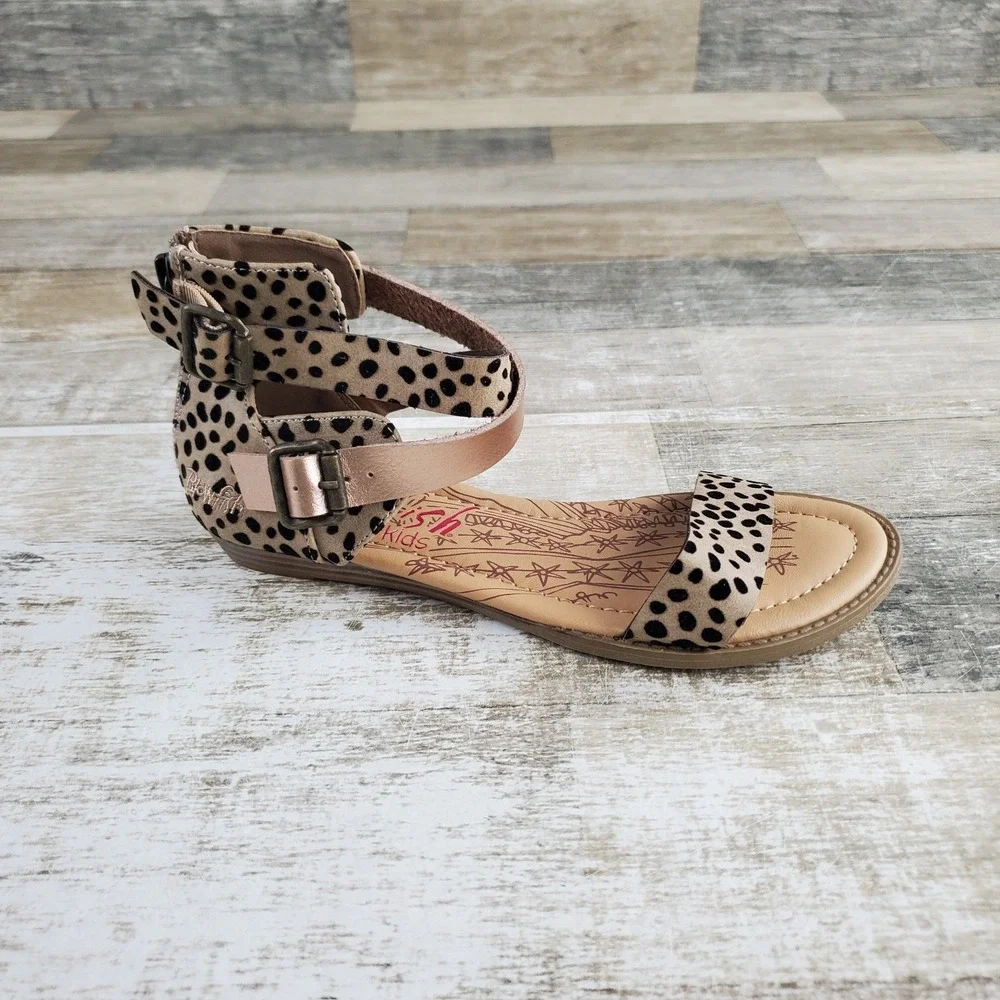 Blowfish Malibu Belia Girls Flat Sandal Sz 4 Tan Leopard Back Zip Ankle Strap